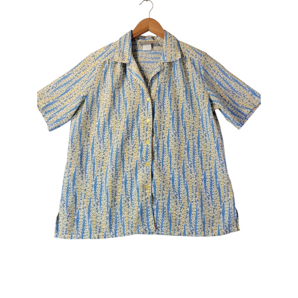 Donnkenny‎ Floral Stripe Button Shirt Shoulder Pads Vintage Blue Yellow M L VTG